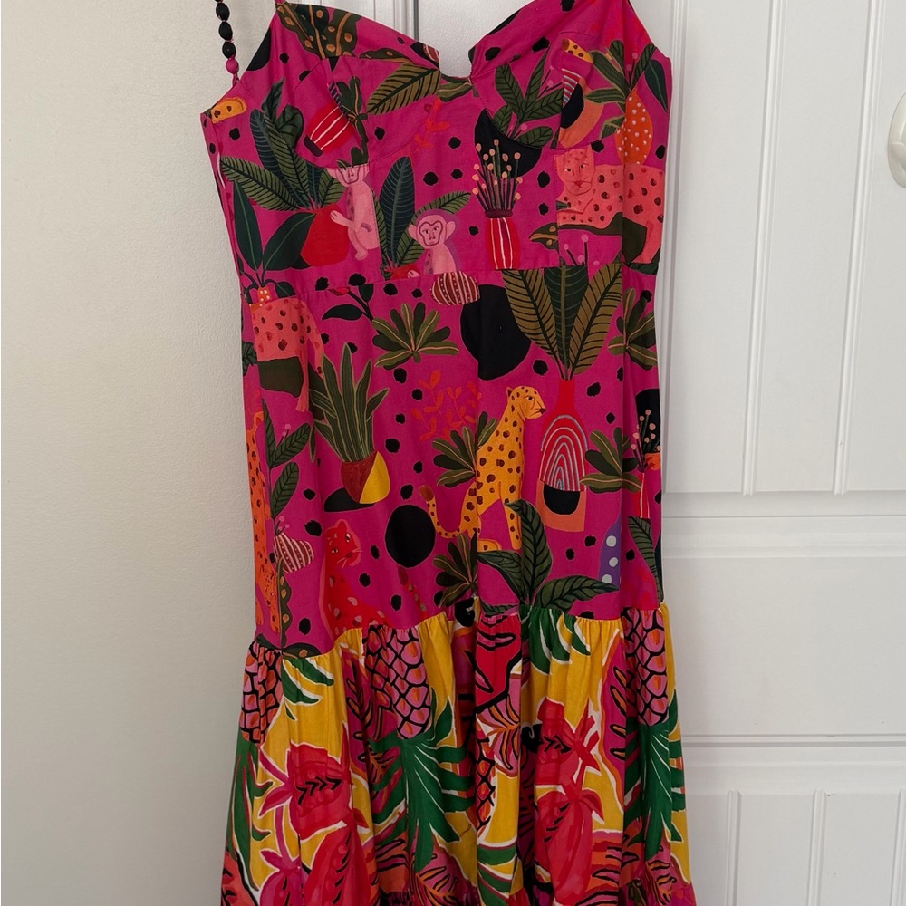 Farm Rio Tropical Print Maxi Dress, Bead Straps, Ruffle Hem, Size S - Picture 6 of 6